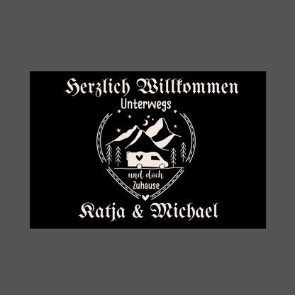 Unterwegs und doch zuhause, personalisierte Fußmatte, Mit Herz unterwegs, Wähle deinen Namen und deinen Text aus und gestalte es in deiner Schriftart und Schriftfarbe